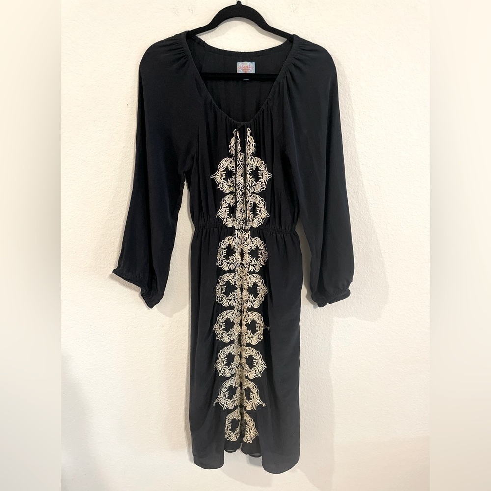 Plenty By Tracy Reese Anthropologie Women Midi Dress Black 100% Silk Embroidered